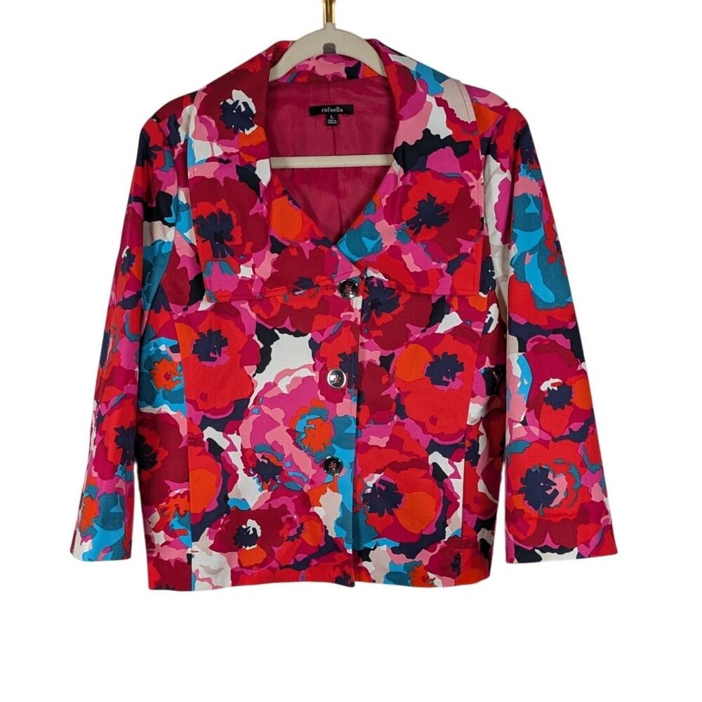 Rafaella Size Large Bold & Bright Floral Blazer Lined with Pockets Pink Red